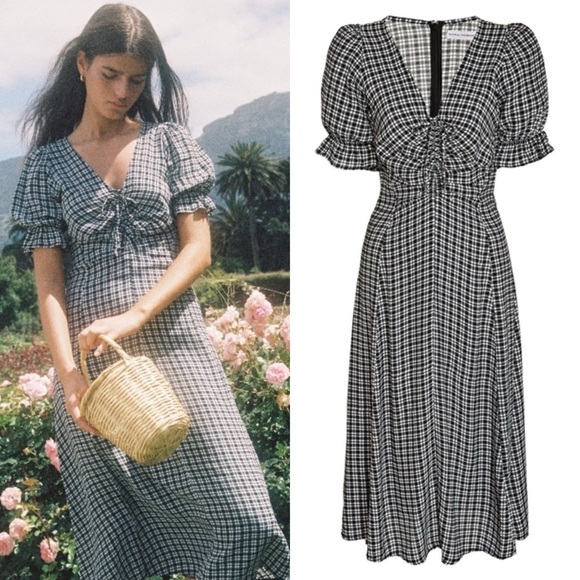 Faithfull the Brand Amber Check Plaid Ruched Midi Dress Size 6 - Picture 1 of 12